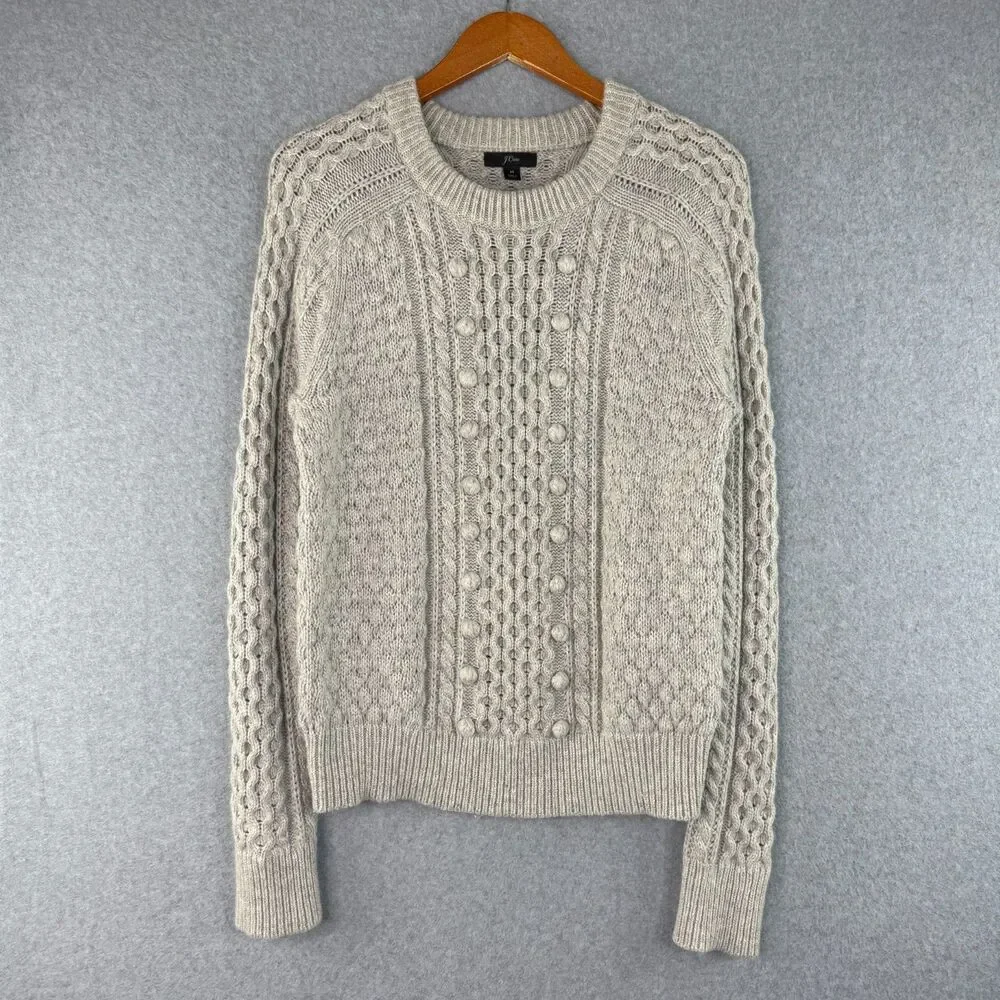 J. CREW Crewneck Sweater Gray Wool Blend Chunky Cable Knit Popcorn Preppy Size M